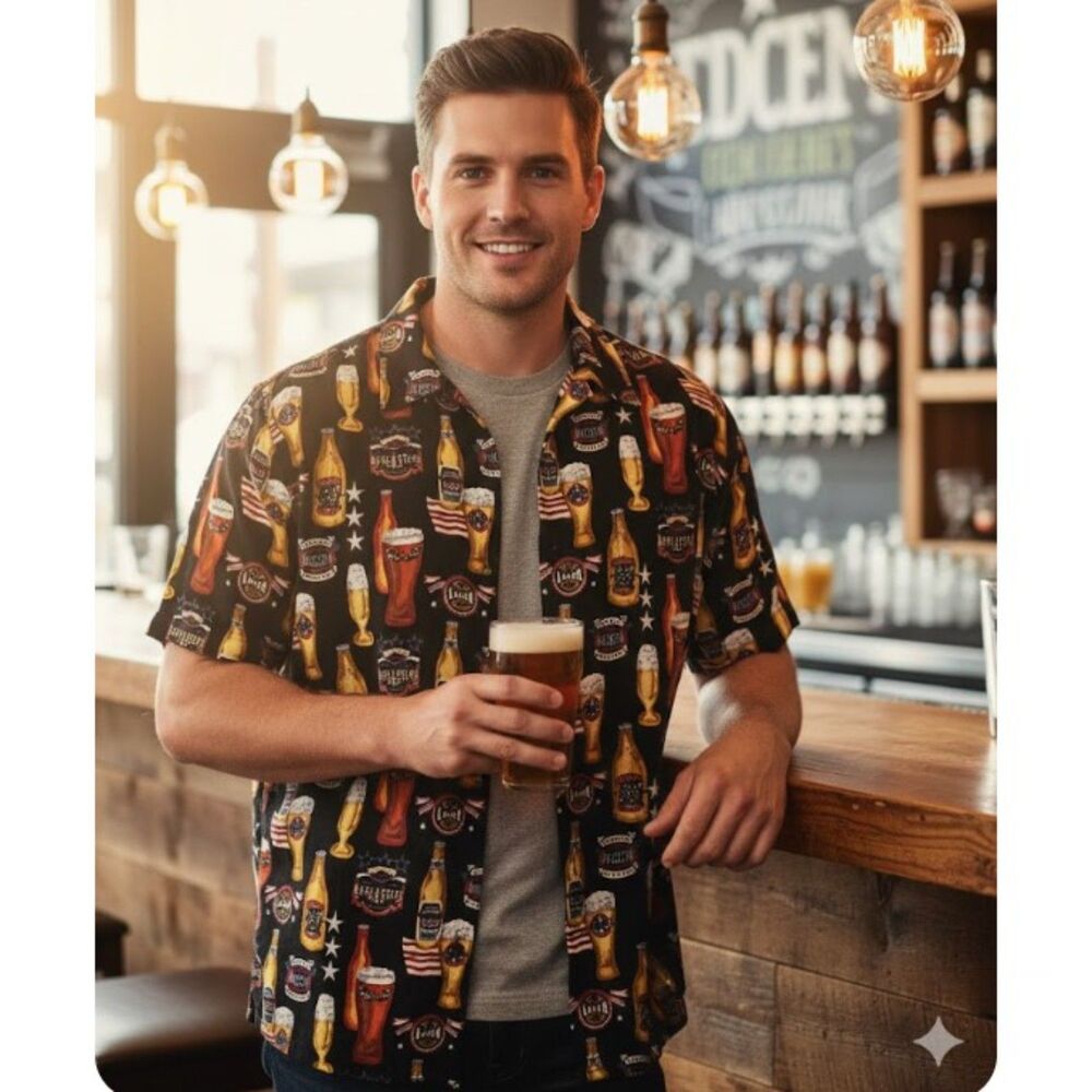 C&B Sport Camp Shirt Beer Themed  Button Front Short Sleeve Mens Size L